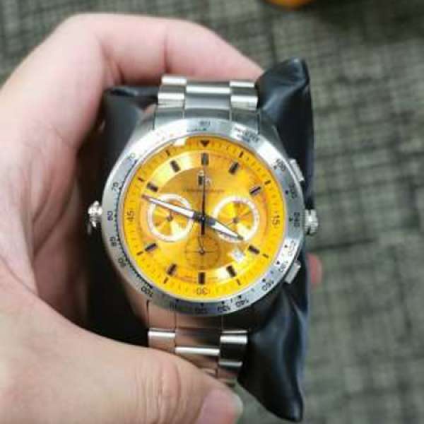 L & S 8227C 日本電子計時手錶 橙色面鋼帶錶