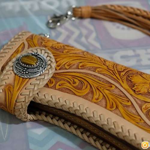 男女真皮原創皮唐草雕錢包手工編織復古植鞣革頭層牛皮長款財布