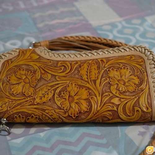 男女真皮原創皮唐草雕錢包手工編織復古植鞣革頭層牛皮長款財布