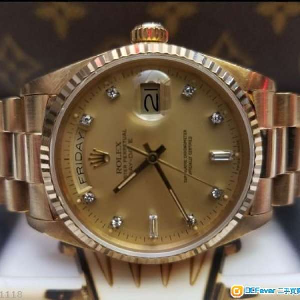 真品靚仔金勞Rolex18038A全自動星期日曆18K黃金大鑽石面錶帶正附件齊