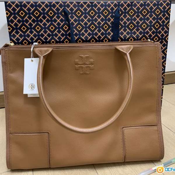 TORY BURCH Ella Canvas Leather Tote 啡色手袋 全新