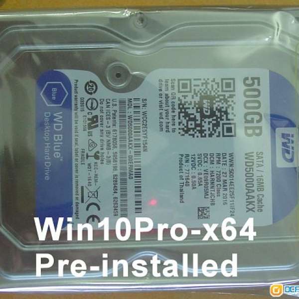 全新硬碟 WD 500GB HDD + 預裝中文繁體 Windows 10 Professional (專業版) OS電腦系統