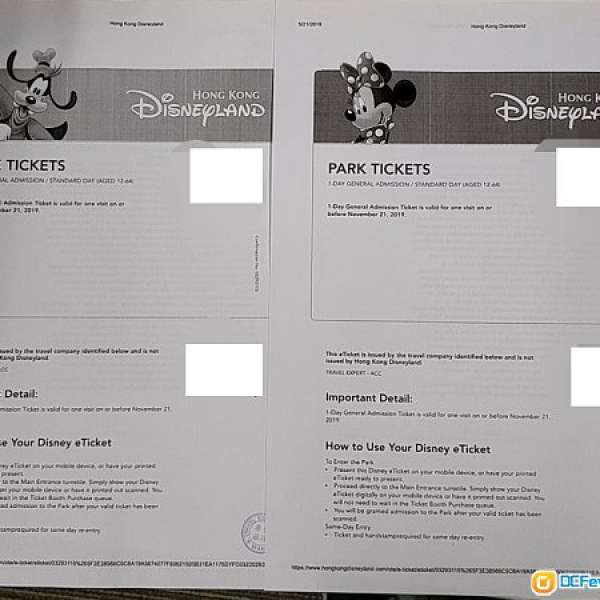 香港迪士尼樂團門票2張 Disneyland E-Ticket