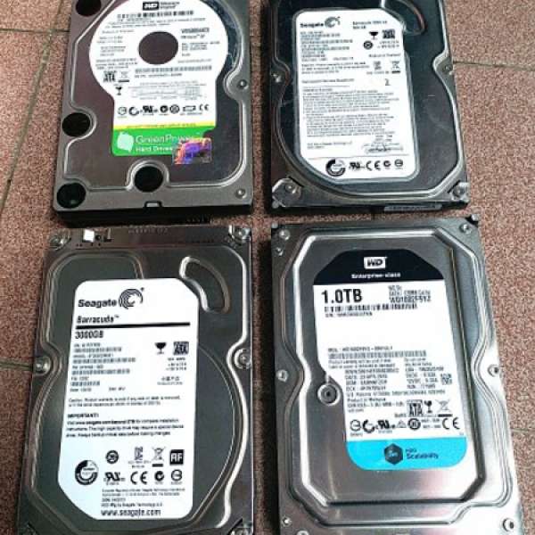 四只壞HDD，Seagate 3TB及500GB，WD 1TB及500GB