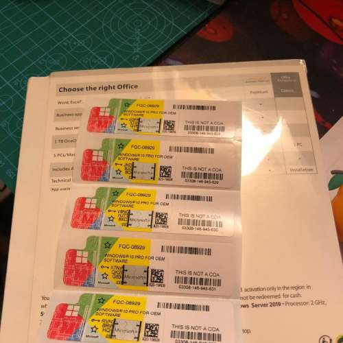 Windows 10 pro key (OEM) 跟貼紙一張,USB 安裝 , office 365,