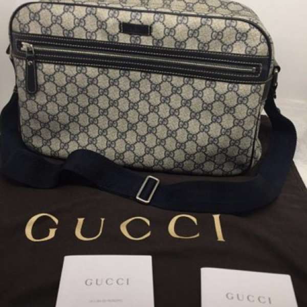 GUCCI 經典GG logo PVC方型斜背包(卡其深藍)