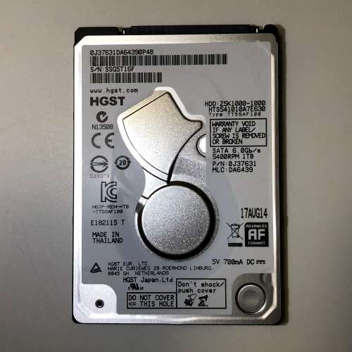 HGST Z5K1000 1TB 5400rpm 2.5吋 Harddisk 硬碟