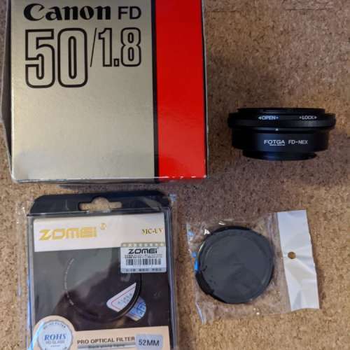 95% NEW RARE Canon New FD 50mm f1.8 w/Original Box + E Mount Adapter