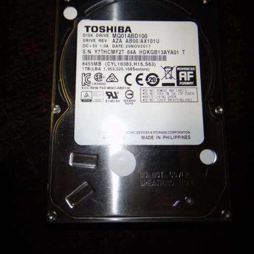 TOSHIBA 1TB 手提電腦硬碟(無壞區)***另有 WD 320GB連全新USB3.0盒 (2.5吋)硬碟