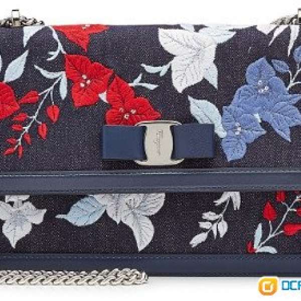 SALVATORE FERRAGAMO  Ginny Embroidered Denim Shoulder Bag with Leather