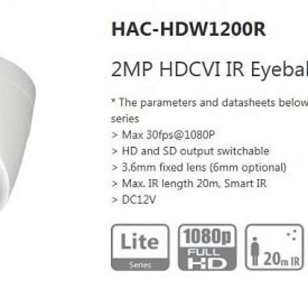 大華 DH-HAC-HDW1200RP, 2百萬像素 1080P HDCVI IR Dome Camera CCTV