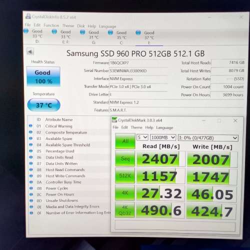 Samsung M.2 NVMe 2280 SSD 960 Pro 512GB 兩張