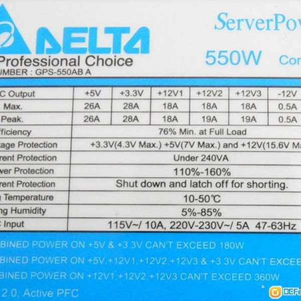 [出售] Delta Server Power 550W ATX 火牛 (包電源線)