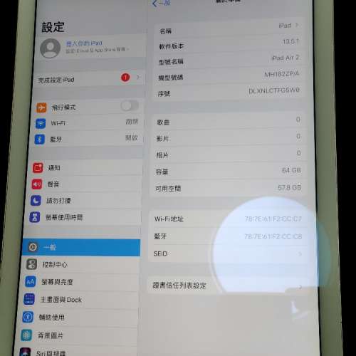 iPad Air 2 金色 64g WIFI 電池健康度88