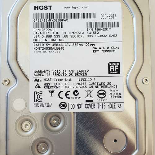 100%正常  Hitachi HGST 3TB HDN724030ALE640 3.5 吋 7200RPM 硬碟機