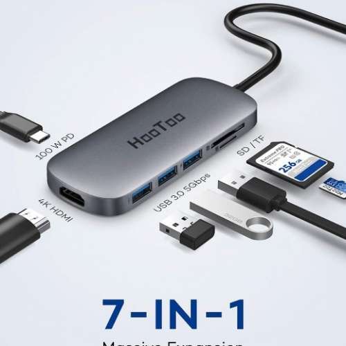 全新 HooToo 7 in 1 Type C Hub, 4K HDMI, 100W PD, 3 USB 3.0, SD/TF Card Readers