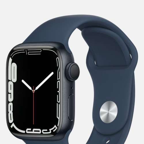 Apple Watch Series 7 (GPS)；45 毫米午夜暗色鋁金屬錶殼；深邃藍色運動錶帶 - 標準...