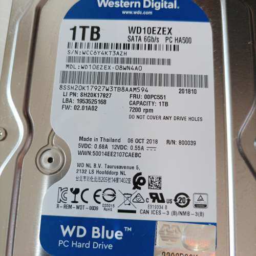 95% new WD藍標 1TB SATA3 硬碟, SATA 6 Gb/s, 64 MB Cache, 7200 RPM HD