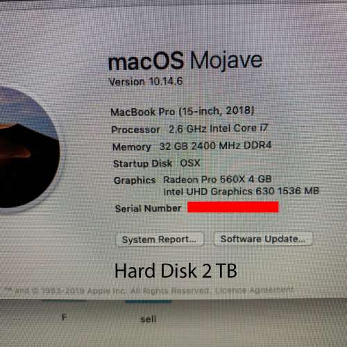MacBook Pro 15" 2018, 32G Ram, 2T Hard Disk