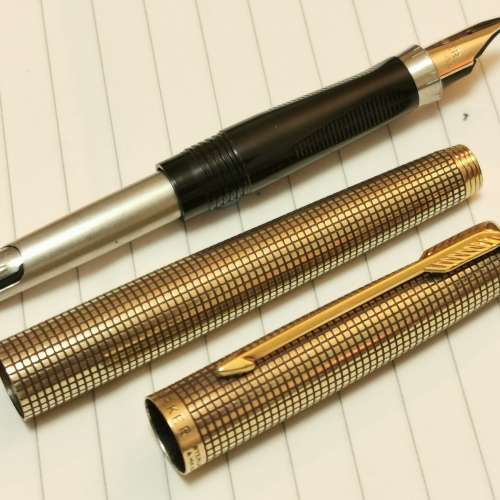 派克75 第一代 平頂 14K包金銀格 墨水筆