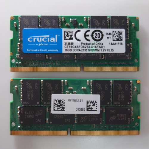 32GB / 二條 Crucial 16GB DDR4-2133 SODIMM RAM (Notebook) CT16G4SFD8213