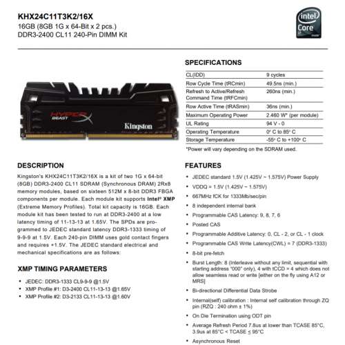 Kingston HyperX BEAST 16GB (2x 8GB) DDR3 2400MHz Memory
