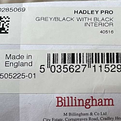 全新 Brand New Billingham Hadley Pro Grey / Black with Black Interior 新品