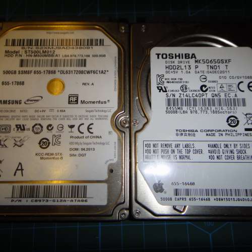 2.5吋手提電腦硬碟  500G 兩隻 TOSHIBA 及 Samsung