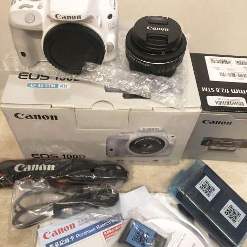 白色Canon EOS 100D Body+2電+EF-S 24mm f2.8 STM，全套齊料齊盒