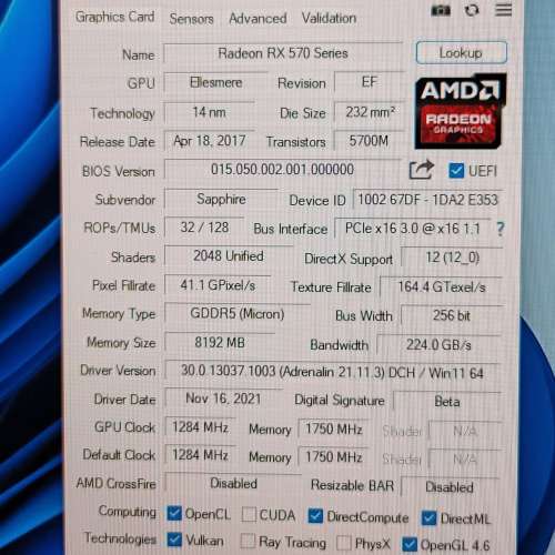 新淨, Sapphire Radeon RX 570 8GB  顯示卡 (非礦卡)