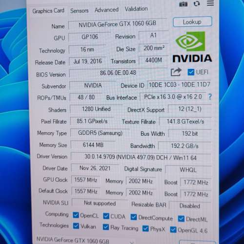 Galax Geforce GTX 1060 6G 顯示卡 (新淨, 不是礦卡)