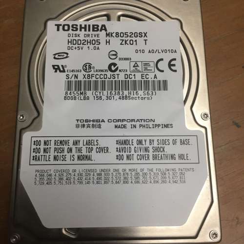 Toshiba 東芝80GB硬碟Hardisk 2.5吋，工作正常。