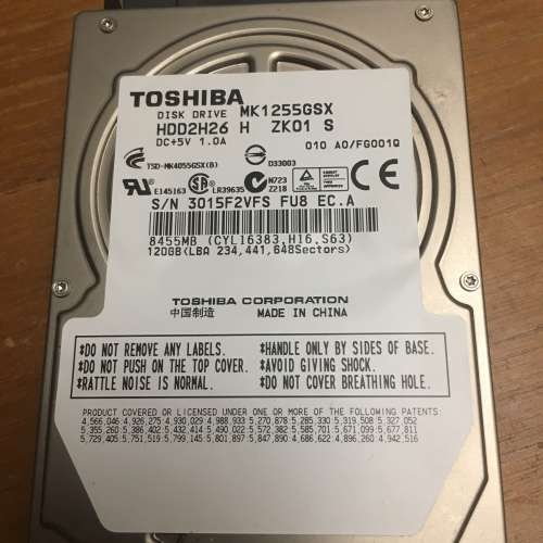 Toshiba 東芝MK1255GSX 120GB硬碟Hardisk 2.5吋