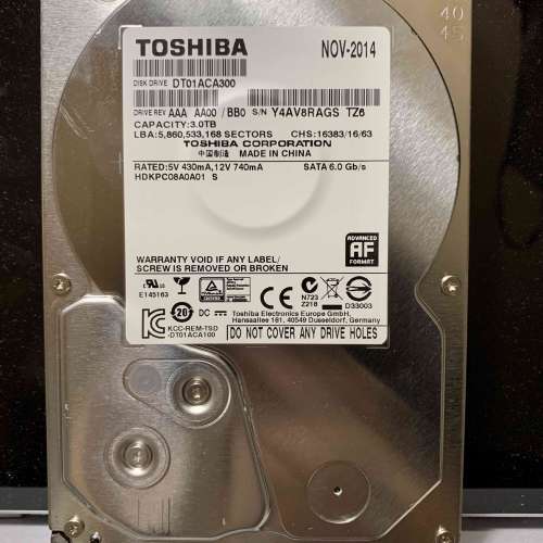 Toshiba 3TB hard disk HDD 3.5" 硬碟 7200轉 SATA3 (DT01ACA300)