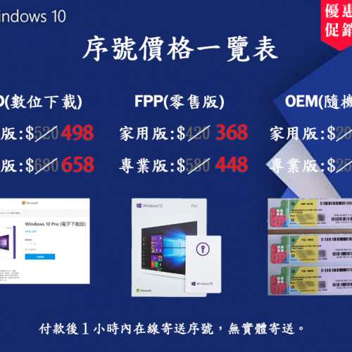 【正版序號】 Windows 10 家用版 專業版 版本升級 OEM 零售版 支持重灌移機 Win10