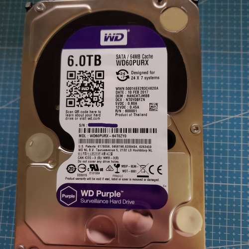 WD 6TB 紫盤 Western Digital WD Purple Surveillance Hard Drive WD60PURX