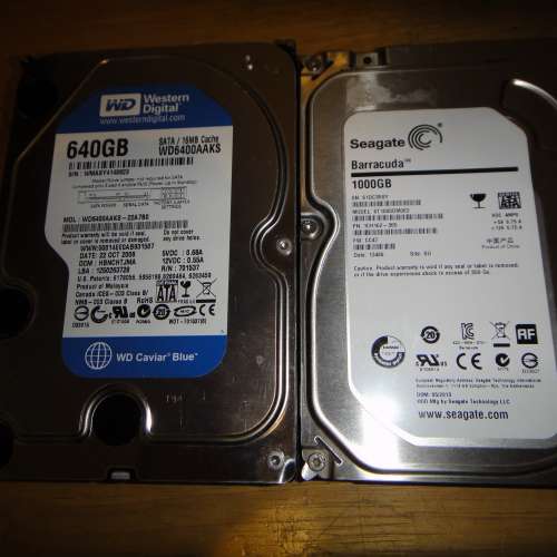 Seagate 1TB 及WD藍盆 640GB 各一隻 3.5吋