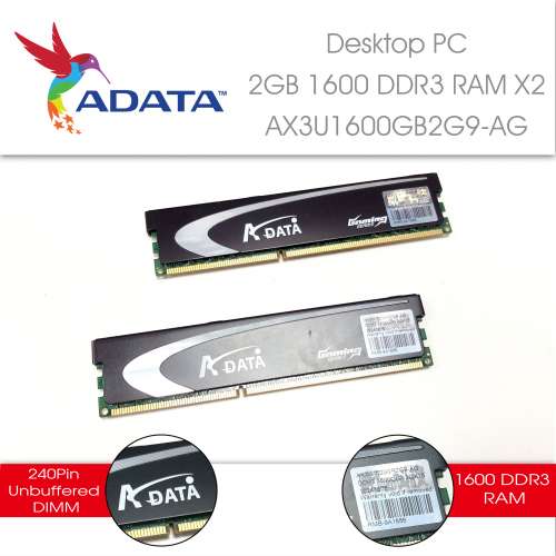 9成新 ADATA DDR3 2GB RAM x 2 連散熱片 AX3U1600GB2G9-AG