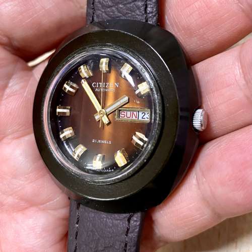 古董1973年星晨自動手錶Citizen BLUA 6501, 深啡色瑪瑙 石質外殼虎眼石錶面