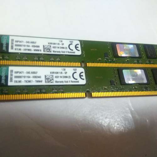 Kingston DDR3  1600MHz  16GB,  雙面, 8GB  兩條., 聯強 永久保養