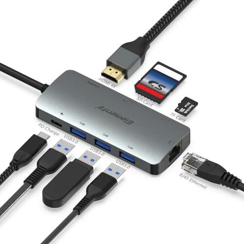 Elementz 8 IN 1 USB-C Dock Type-C Hub 87W PD / Card Reder / Lan / HDMI / 3 USB M