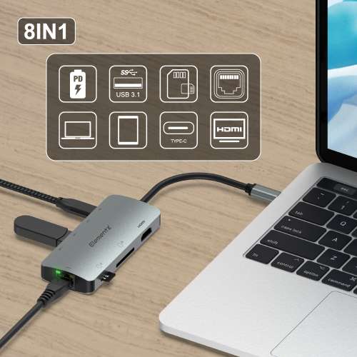 Elementz 8 IN 1 USB-C Dock Type-C Hub 87W PD / Card Reder / Lan / HDMI / 3 USB M