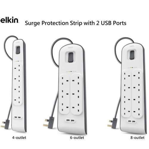 Belkin 2.4AMP Surge Protection Strip with 2 USB Ports2.4安培 USB充電防雷保護...