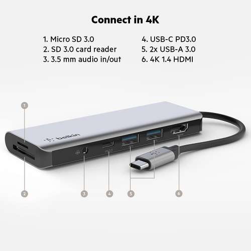 Belkin CONNECT USB C Hub,7-in-1 MultiPort Adapter Dock w/ 4K HDMI,AVC009btSGY,...