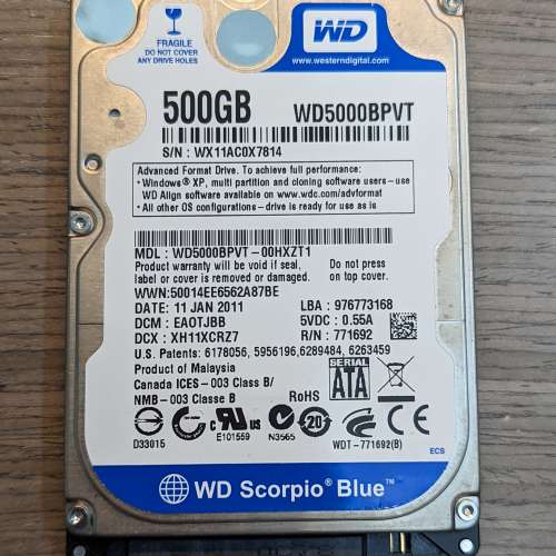 WD WD5000BPVT 500GB SATA HDD