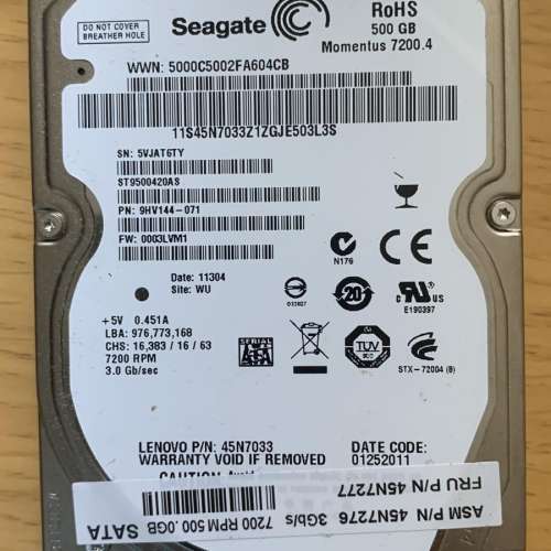 Seagate 2.5" 500GB HDD (二手, 已format, 冇bad sector)