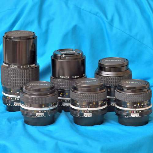 Nikon Ai 200mm F4 ,135mm F2.8, 105mm F2.5, 50mm F1.4, 28mm F3.5, 24mm F2.8