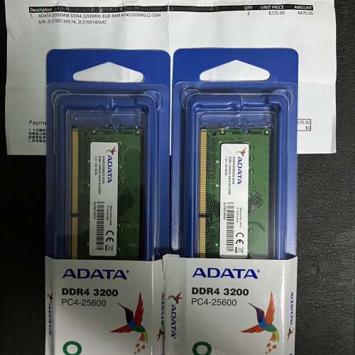 ADATA 8GB DDR4 3200MHz SODIMM 2條