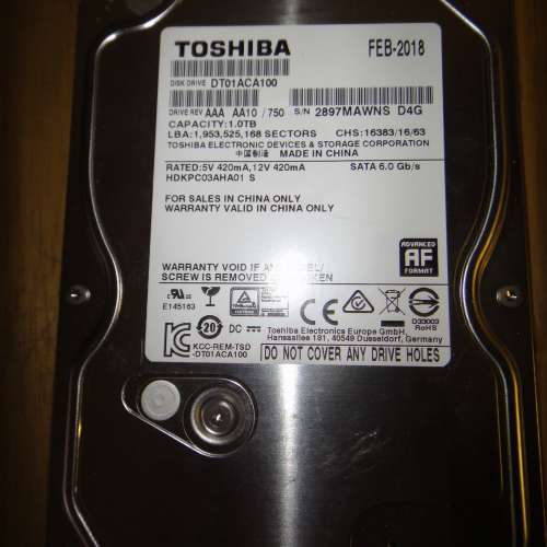 TOSHIBA 1TB 3.5吋 1000GB硬碟