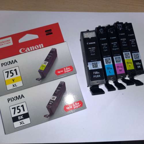 全新 Canon CLI-751XL BK 及 CLI-751XL Y 墨盒, 及加送5盒已開墨盒
